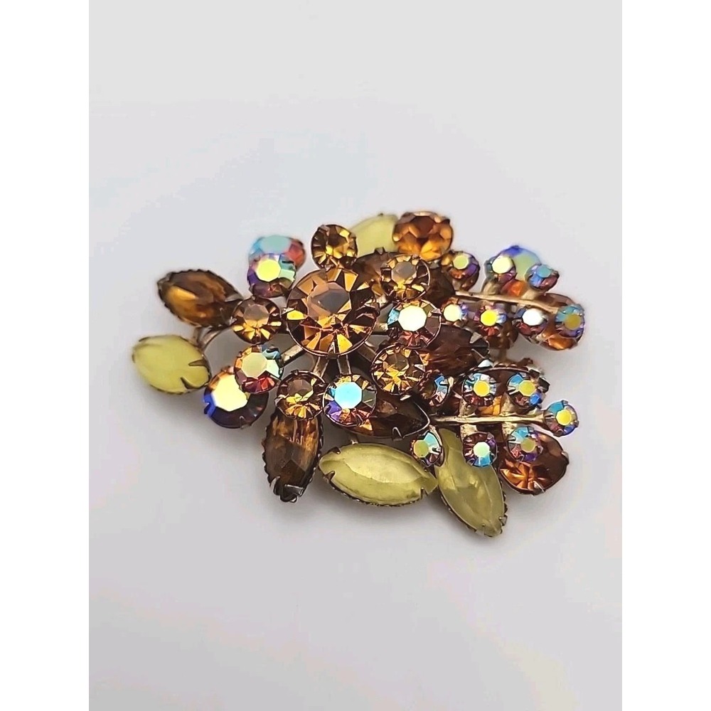 Vintage Rhinestone Brooch Layered Czech Style Aurora Borealis Prong Set Glass